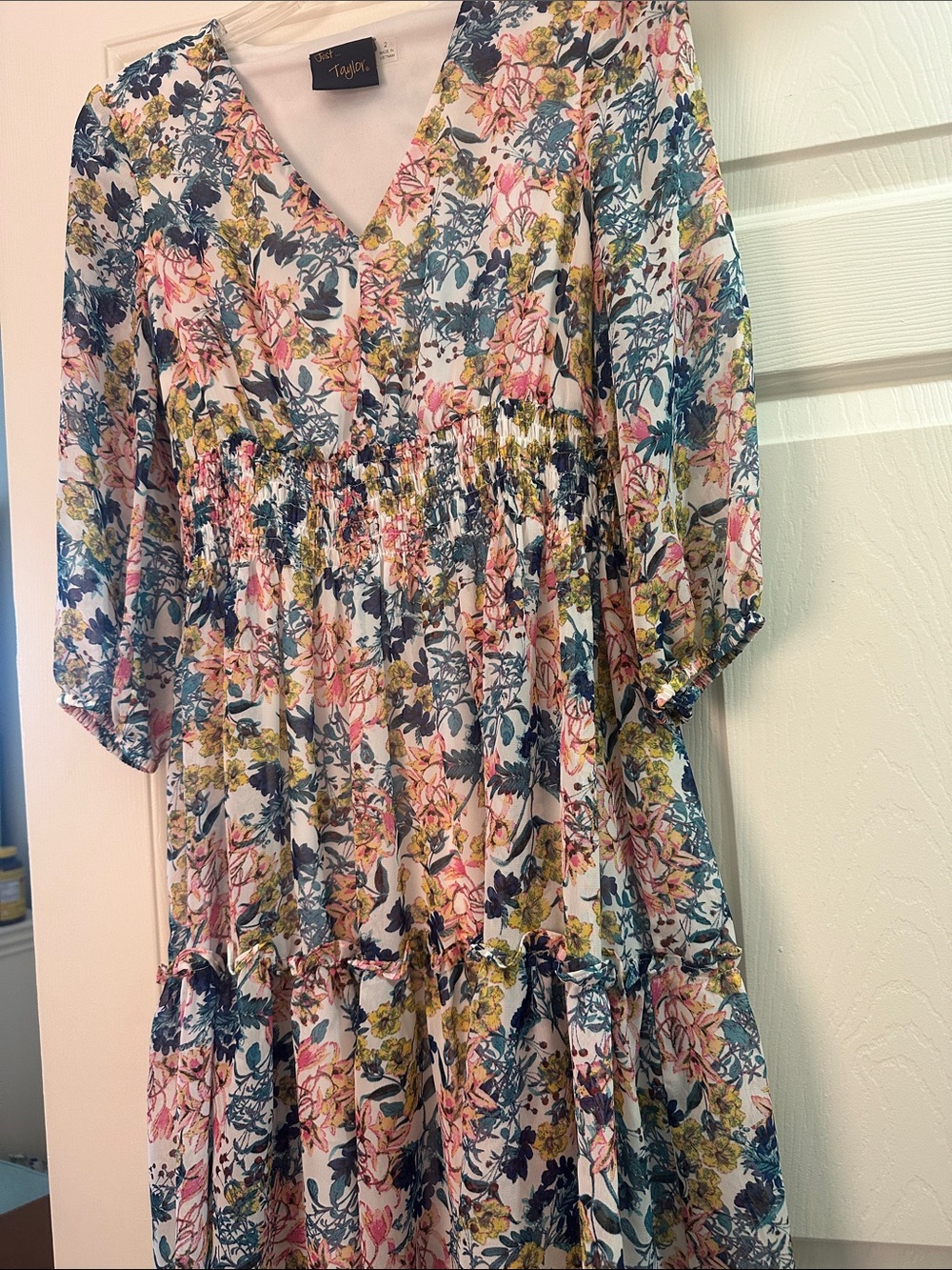 Taylor Floral V-Neck Tiered Maxi Dress in White, Pink & Teal